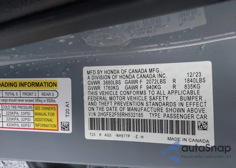 2024 Honda Civic Sport from USA, damaged, VIN 2HGFE2F55RH532185